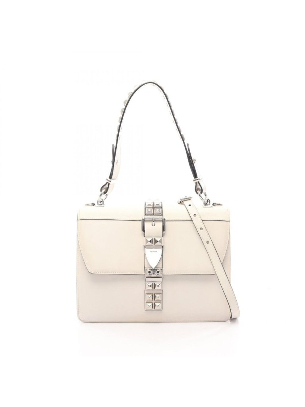 Prada Handbag Electra City Calfskin Saffi Studs White Leather 2-Way